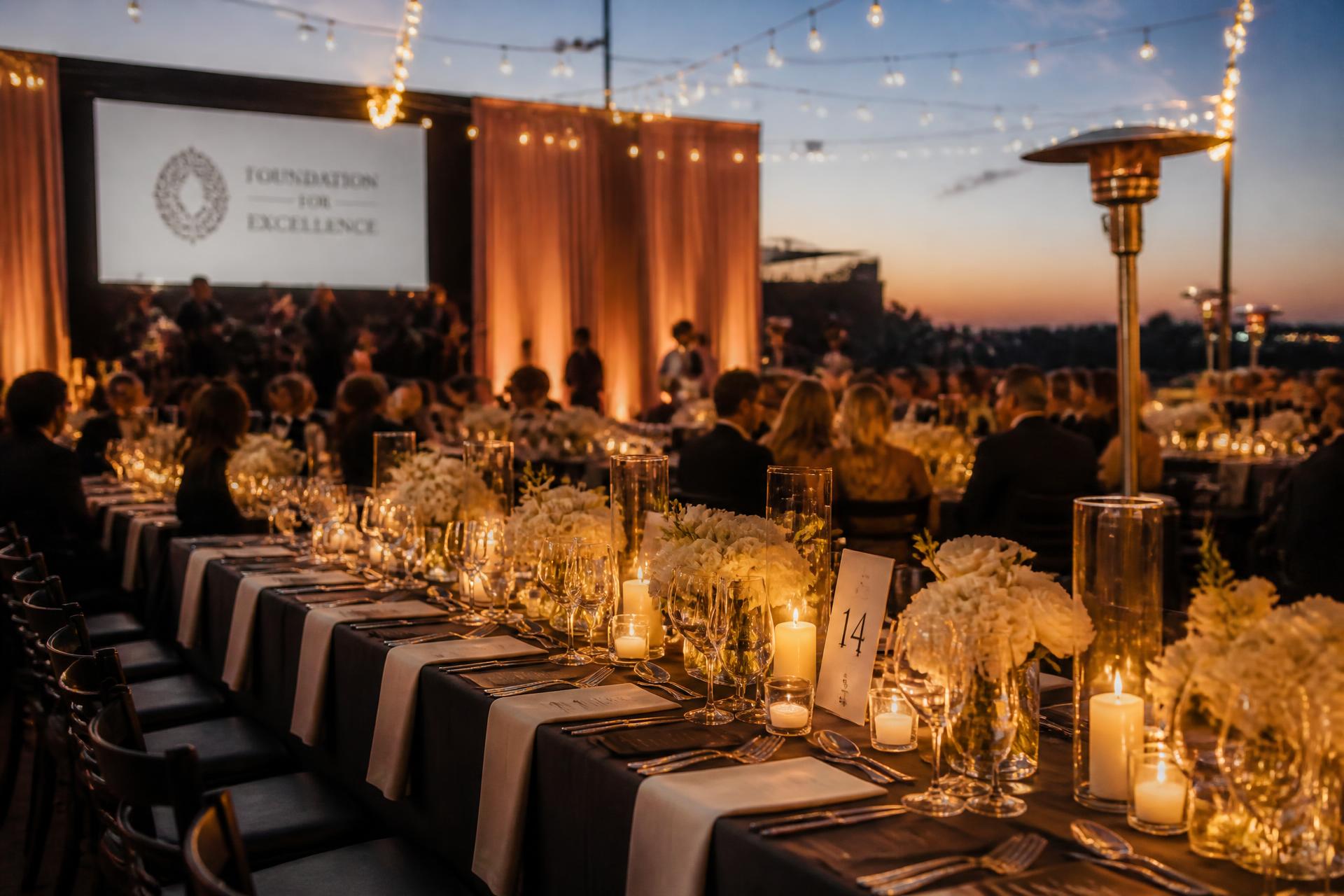 Guests seated at an elegantly styled banquet table at a professionally organised evening event