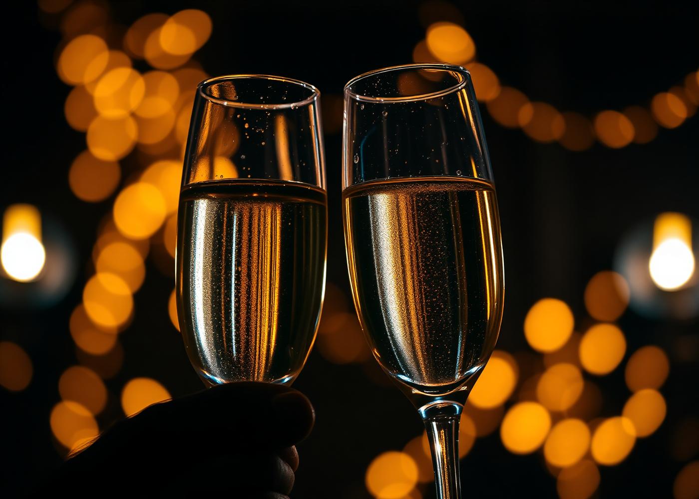 Champagne glasses raised in a toast against warm golden lights
