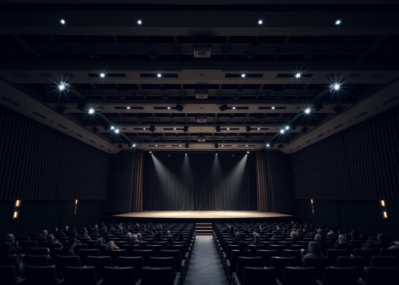 Corporate conference hall with stage lighting and seated audience