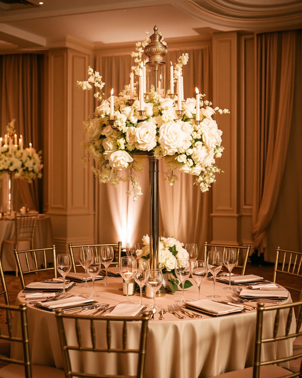 Elegant reception table with white florals, candlelight and gold accents
